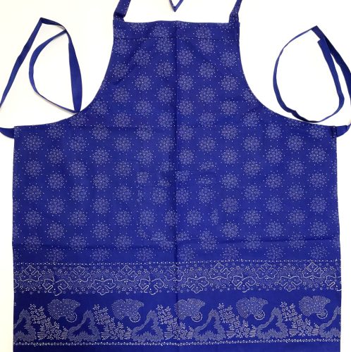 Kékfestő bordűrös kötény hólabdás mintával, csipke nélkül