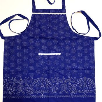   Kékfestő bordűrös kötény hólabdás mintával, csipkével