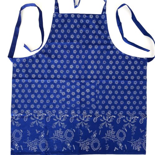 Kékfestő bordűrös kötény varázsszemes mintával, csipke nélkül