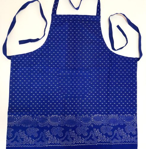 Kékfestő bordűrös kötény kilences mintával, csipke nélkül